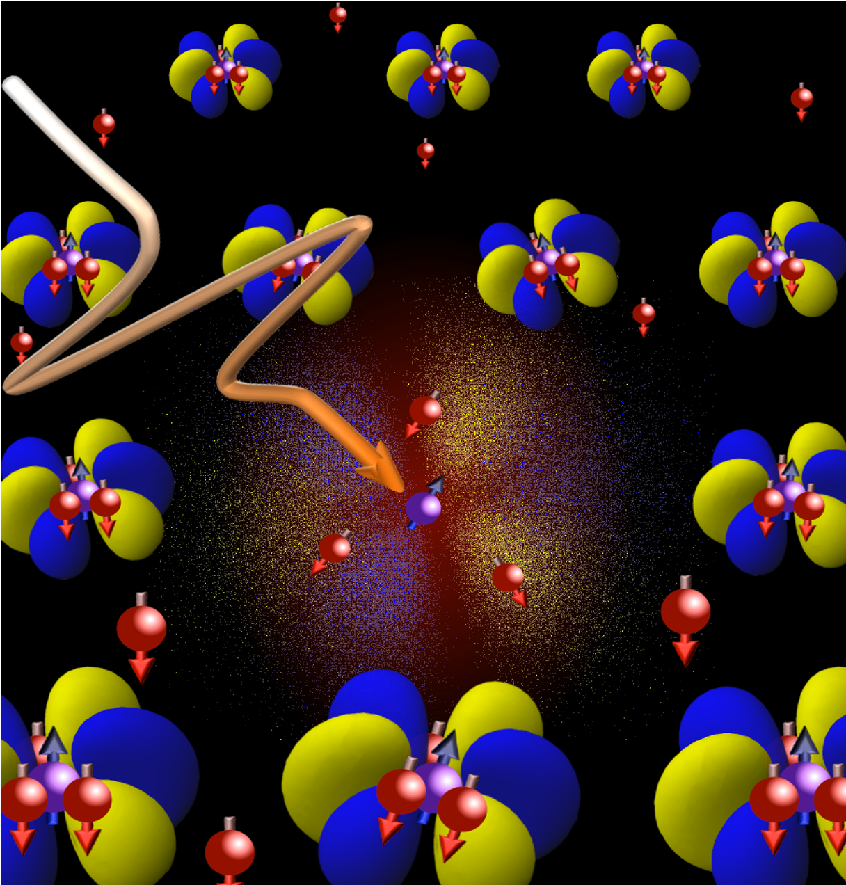 Schematische Ansicht eines Quasiteilchens - das aus lokalisierten und beweglichen Elektronen zusammengesetzt ist und hier durch einen ultrakurzen Licht-Puls aufgebrochen wird.