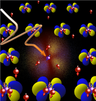 Artist's view of a quasiparticle - composed of localized and mobile electrons, here broken up by an ultrashort light pulse.